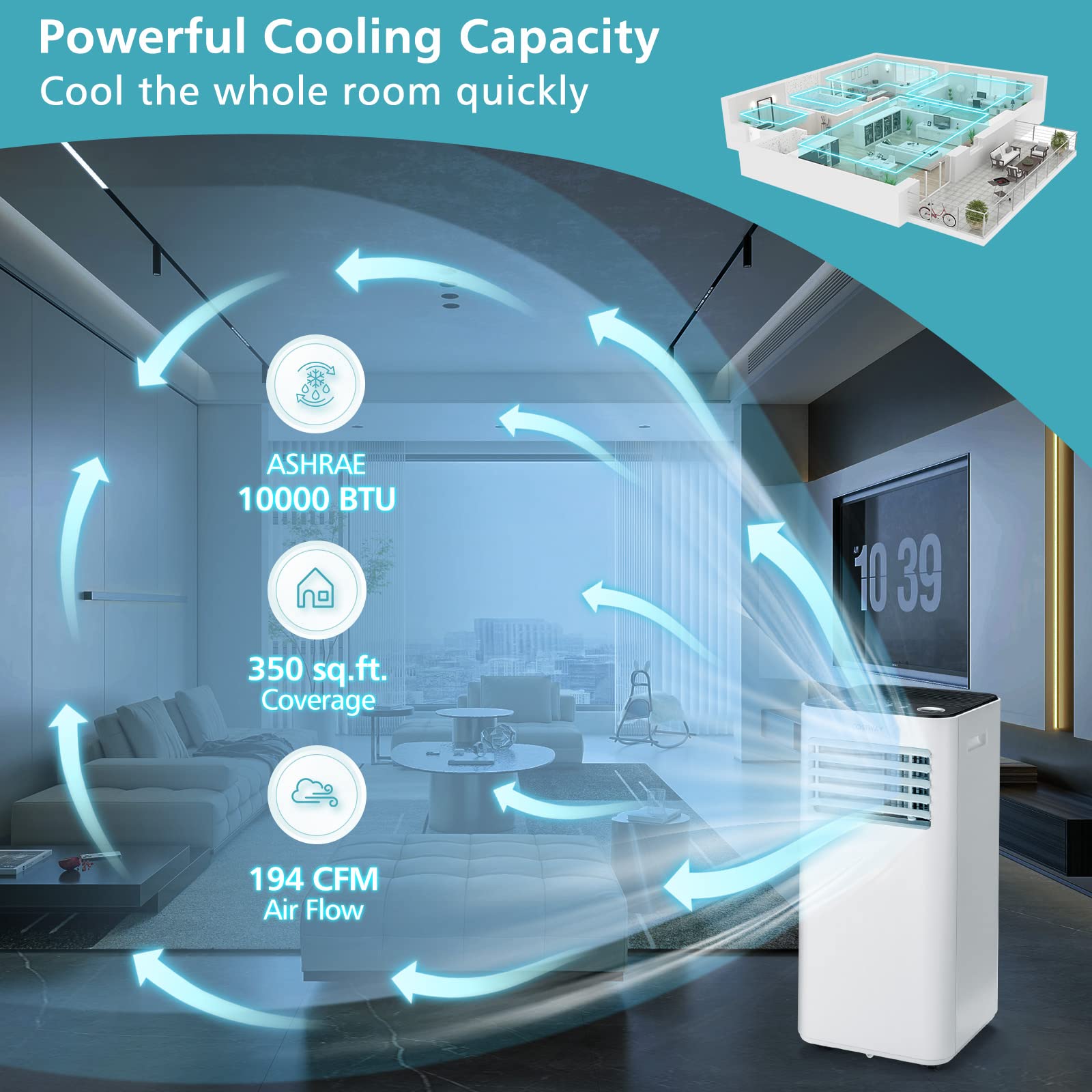 Costway 10000 Btu Portable Air Conditioner, With Fan & Dehumidifier Mode, Quiet Ac Unit With Sleep Mode, 2 Speeds, 24H Timer, Led Display, Remote Control, Cool Rooms Up To 350 Sq.Ft For Bedroom, Dorms